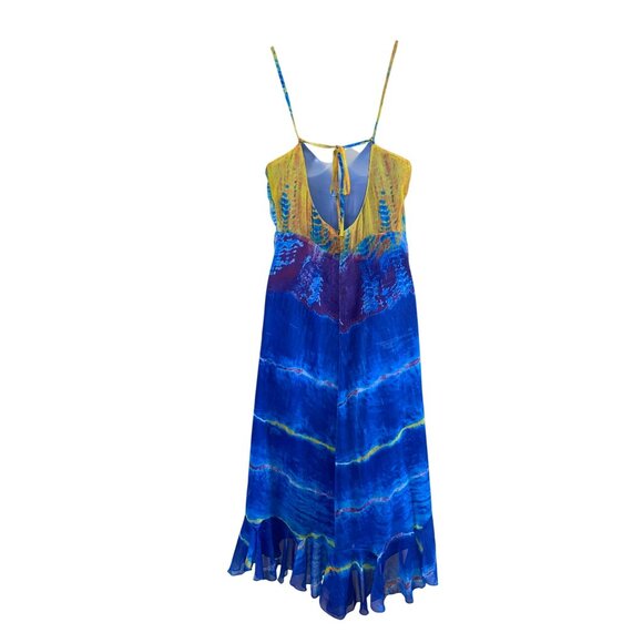 Betsey Johnson Multicolor Blue Yellow Tie-Dye Midi Dress 8 Polyester Womens Back - Picture 3 of 11